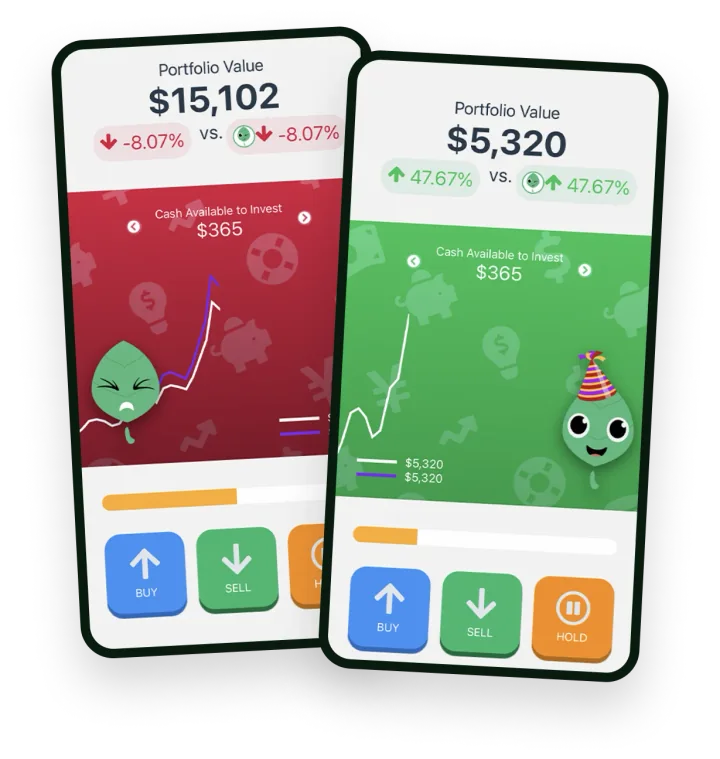 Two handsets showing Buy Sell Hold. The one behind is red: a portfolio of $15,102, down 8.07 per cent, with Finn wincing beside the chart. The one in front is green: $5,320, up 47.67 per cent, with Finn in a party hat. Both carry buy, sell and hold buttons along the bottom.