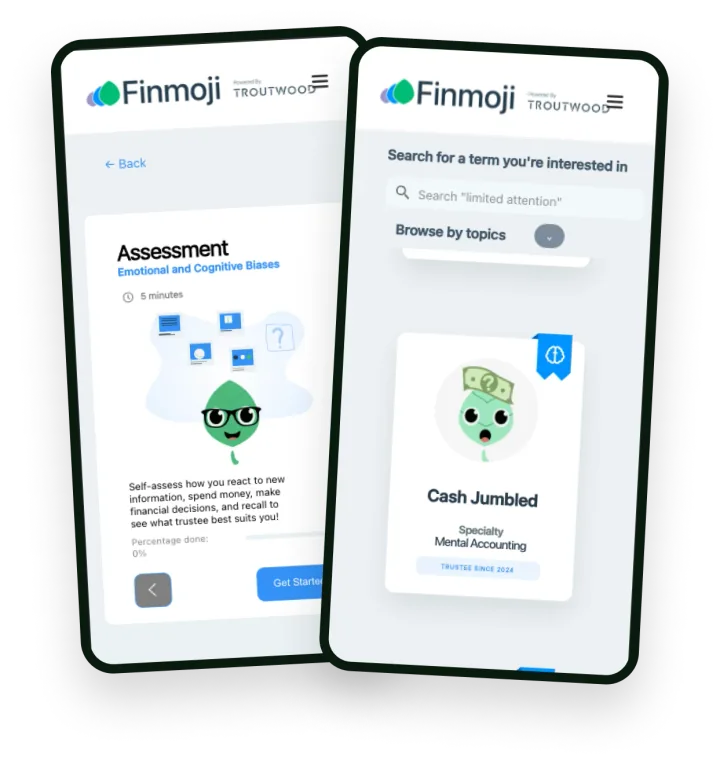 Two handsets showing Finmoji, powered by Troutwood. One holds a five minute assessment of emotional and cognitive biases, with Finn in the middle of it. The other browses the characters by topic, showing one called Cash Jumbled whose speciality is mental accounting.