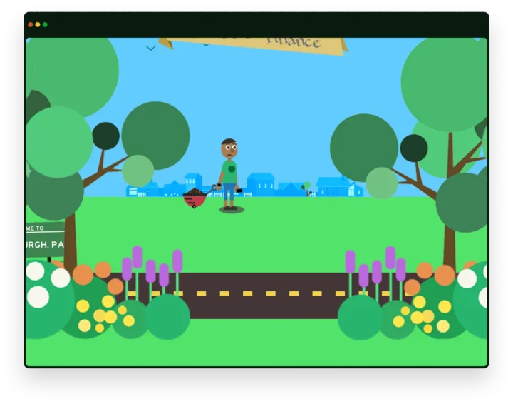 A browser window holding Finulator, a flat illustrated town under a blue sky. A character stands on a green lawn between two rows of trees, with a row of blue houses behind and a road running along the front of the frame.