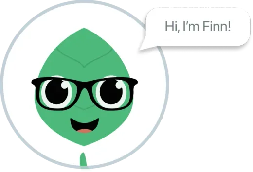 Finn, a green leaf with a face and round black glasses, inside a pale circle. A speech bubble beside him reads: Hi, I&rsquo;m Finn!