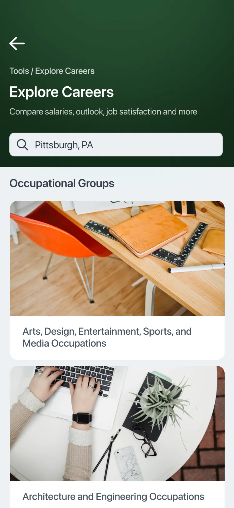 Explore Careers in the Troutwood app, under the line compare salaries, outlook, job satisfaction and more. The search field reads Pittsburgh, PA. Below it, occupational groups as photo cards: arts, design, entertainment, sports and media occupations, then architecture and engineering occupations.