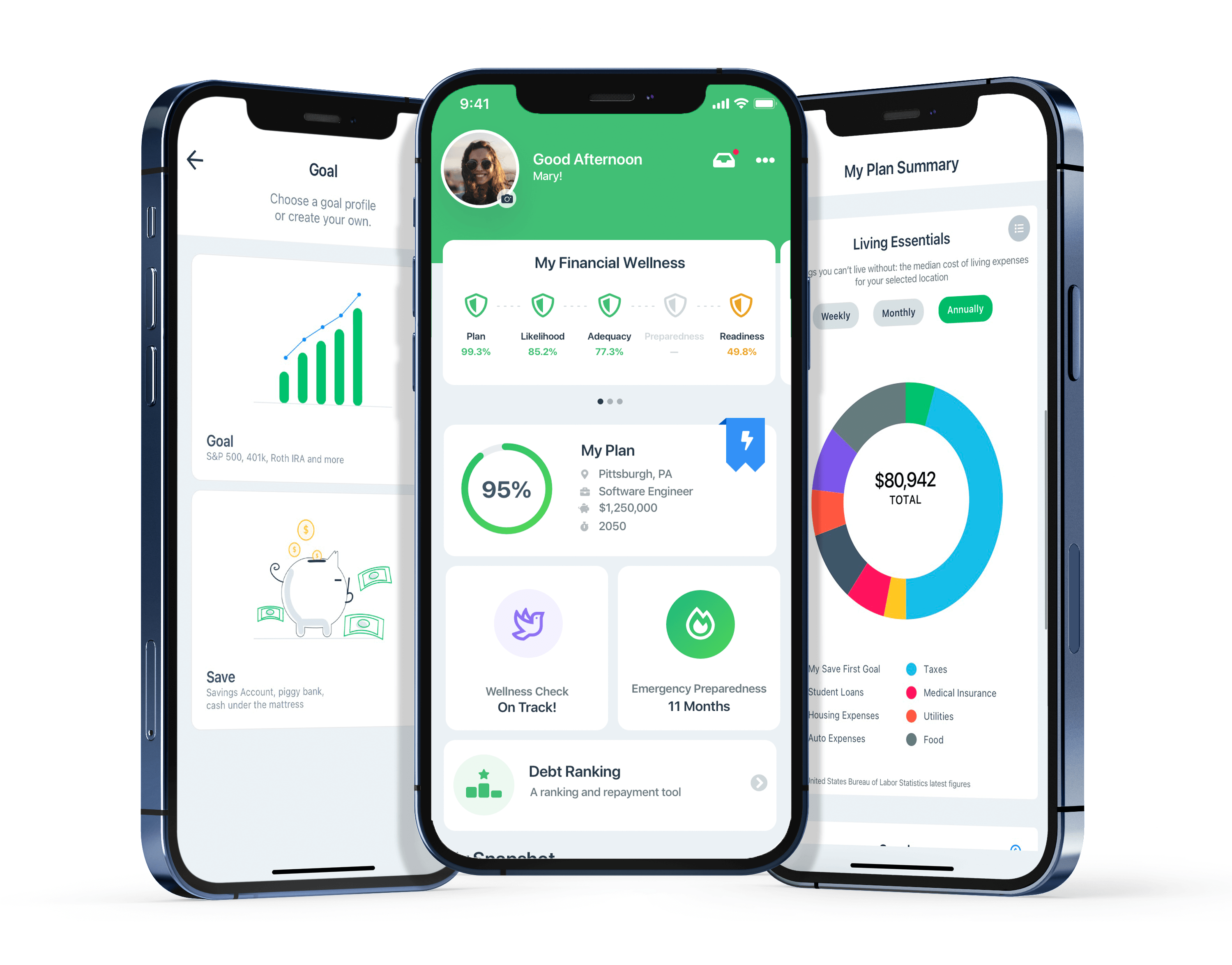Financial Planning Mobile App - 3 Phone Screens